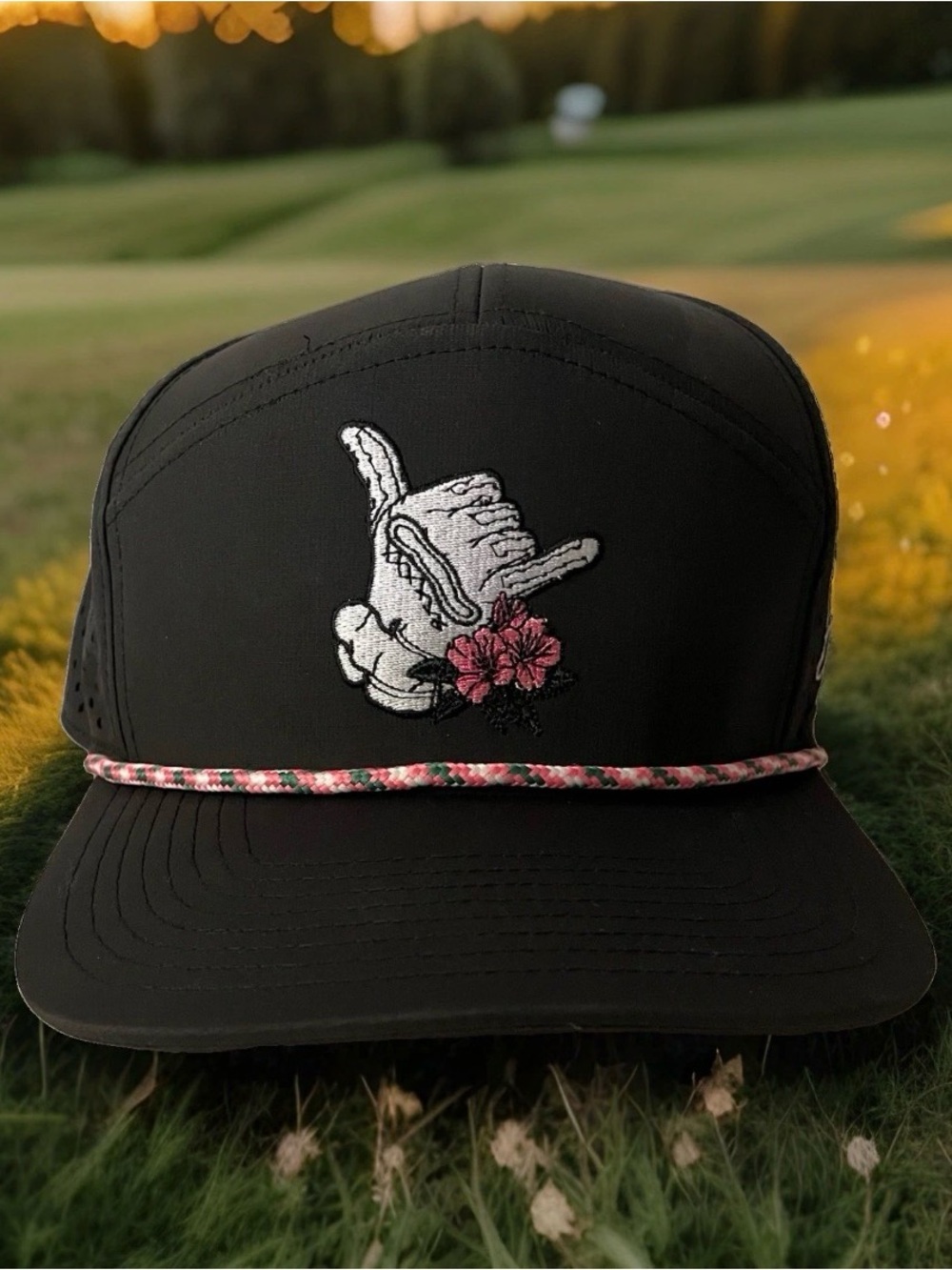 Sunday Swagger Golf Hat "Hang Loose" Gloved Hand Sign Floral SnapBack Cap